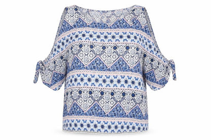Divided by H&M Womens Blue Geometric Viscose Basic Blouse Size 10 Round Neck - Cold Shoulder