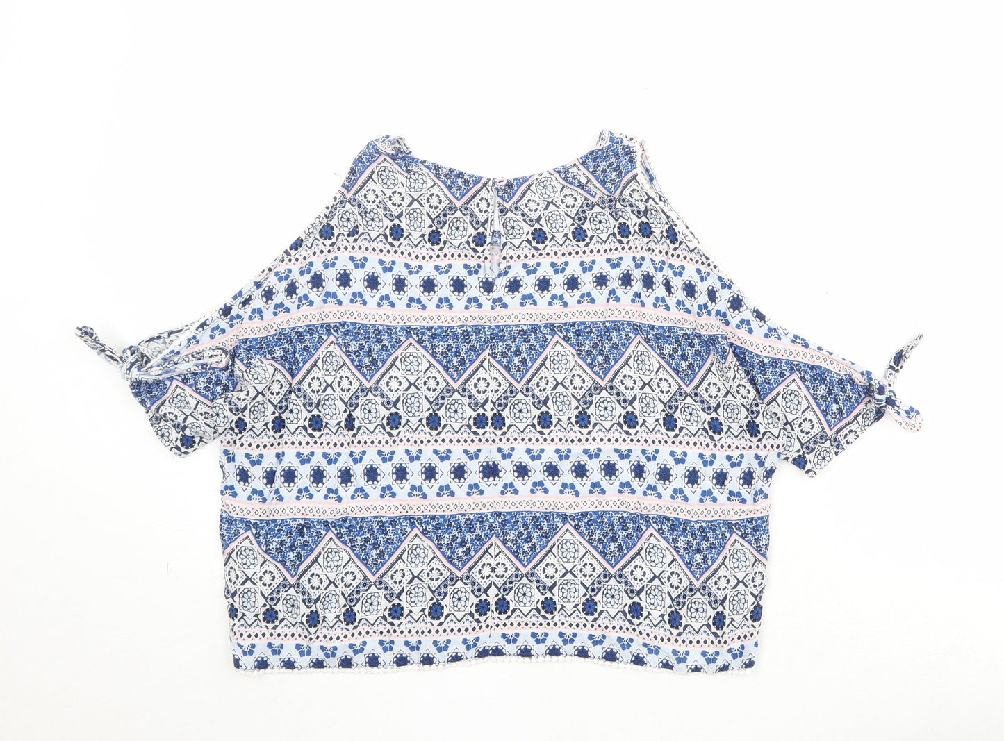 Divided by H&M Womens Blue Geometric Viscose Basic Blouse Size 10 Round Neck - Cold Shoulder