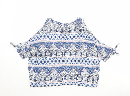 Divided by H&M Womens Blue Geometric Viscose Basic Blouse Size 10 Round Neck - Cold Shoulder