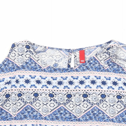 Divided by H&M Womens Blue Geometric Viscose Basic Blouse Size 10 Round Neck - Cold Shoulder