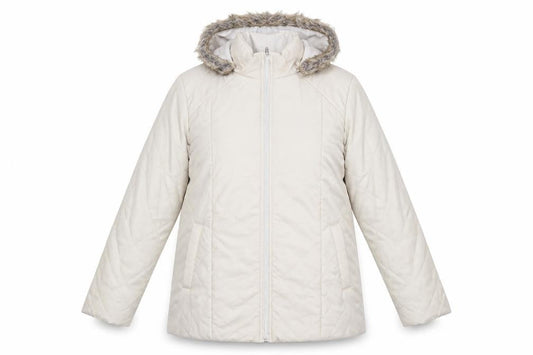 Front view of Anne de Lancay women’s beige puffer jacket jacket, size S, zip