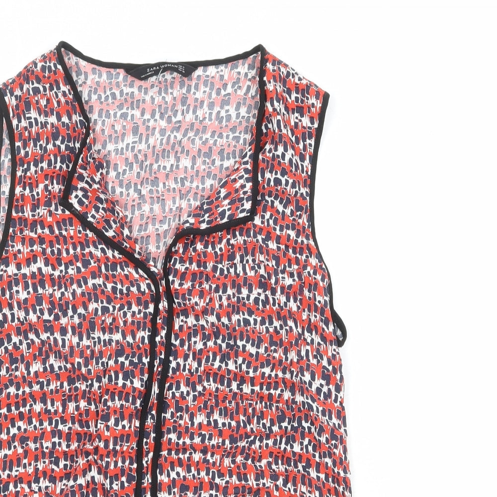 Zara Womens Red Geometric Polyester Basic Tank Size M V-Neck
