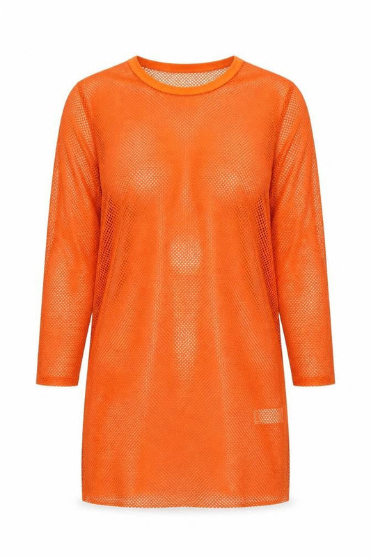 Front view of Missguided women’s orange polyester tunic blouse, size UK 4, round neck