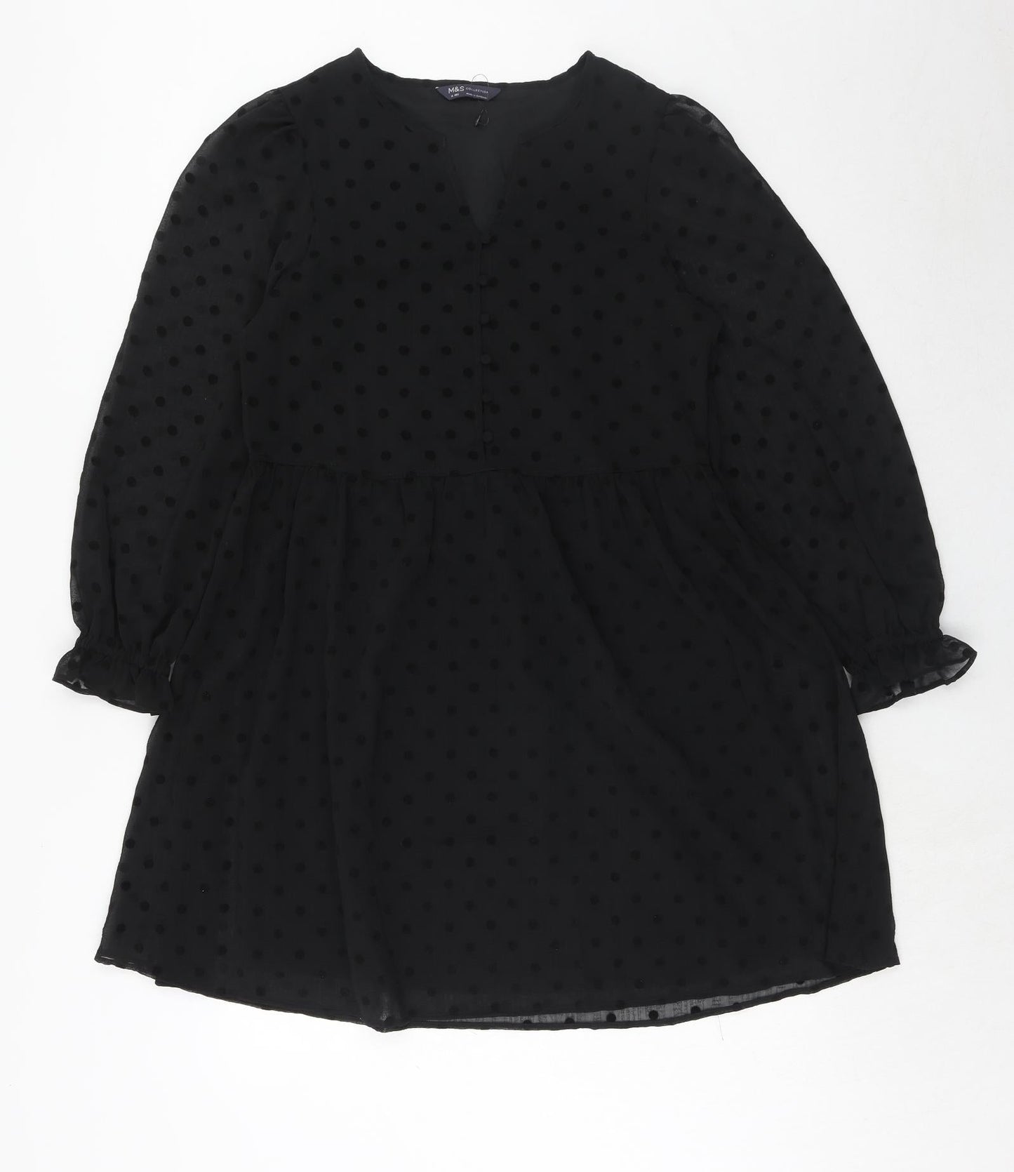 Marks and Spencer Womens Black Polka Dot Polyester A-Line Size 10 Round Neck Button