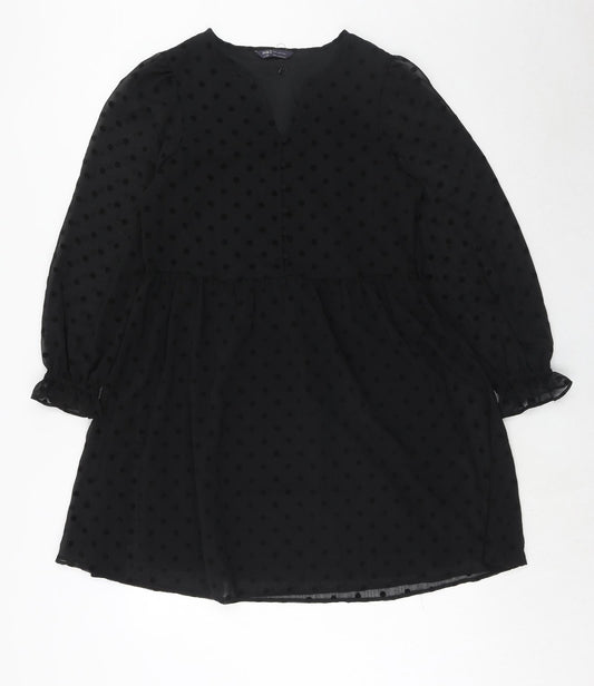 Marks and Spencer Womens Black Polka Dot Polyester A-Line Size 10 Round Neck Button