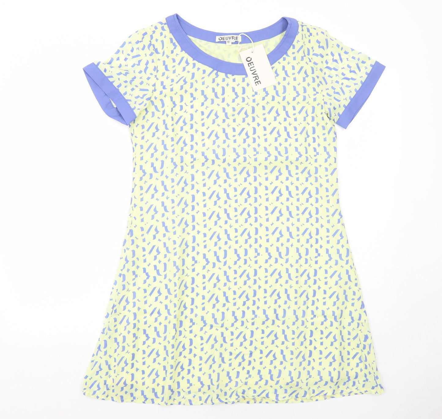 Oeuvre Womens Yellow Geometric Polyester Shift Size 10 Round Neck Pullover