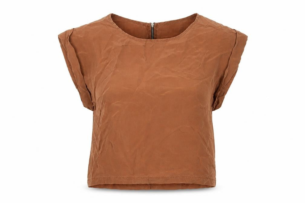 Topshop Womens Brown Cupro Basic Blouse Size 8 Round Neck