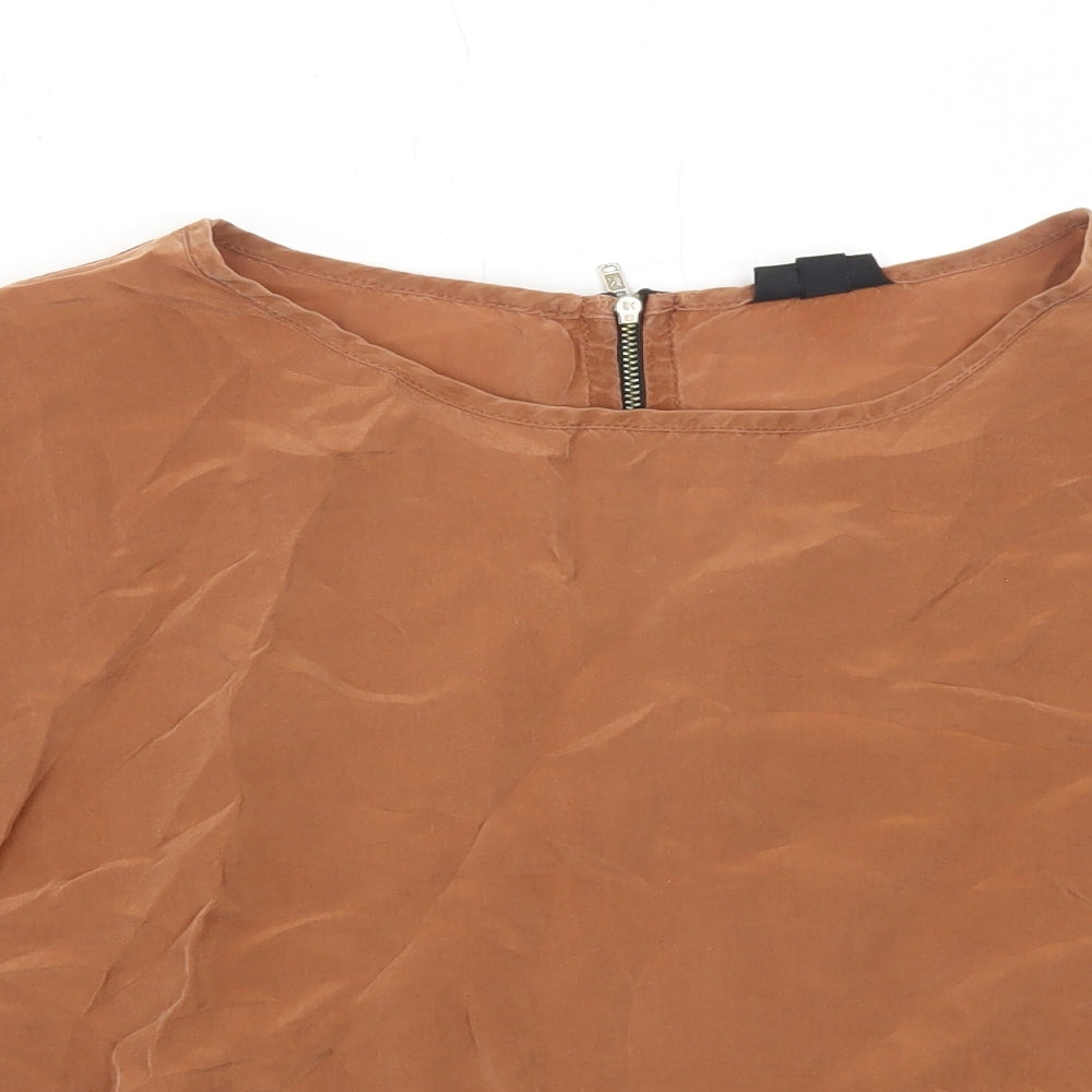 Topshop Womens Brown Cupro Basic Blouse Size 8 Round Neck