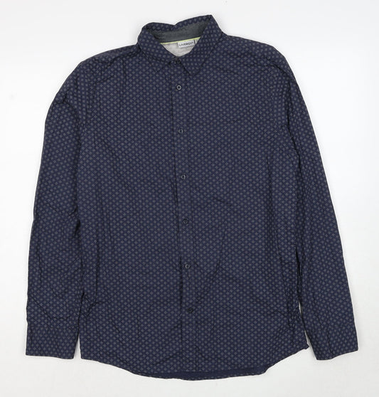 Livergy Mens Blue Geometric Cotton Button-Up Size 15.5 Collared Button - Collar 15½''
