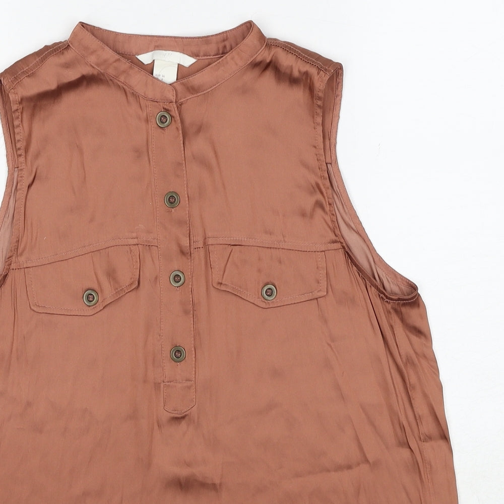 H&M Womens Brown Polyester Basic Blouse Size 8 Round Neck