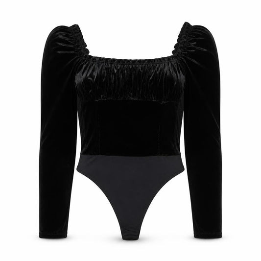 Front view of Miss Selfridge women’s black polyester bodysuit one-piece, size UK 8, snap