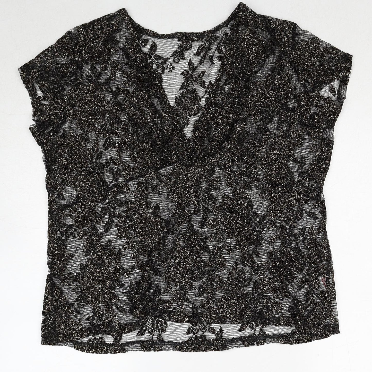 Bonmarché Womens Black Geometric Polyester Basic Blouse Size M V-Neck