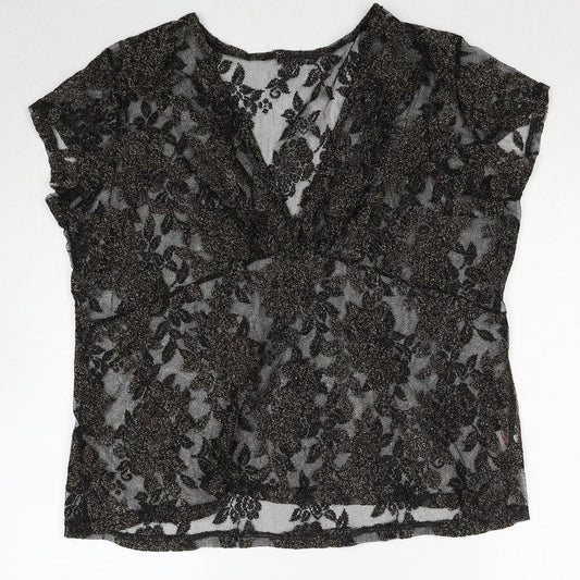 Bonmarché Womens Black Geometric Polyester Basic Blouse Size M V-Neck