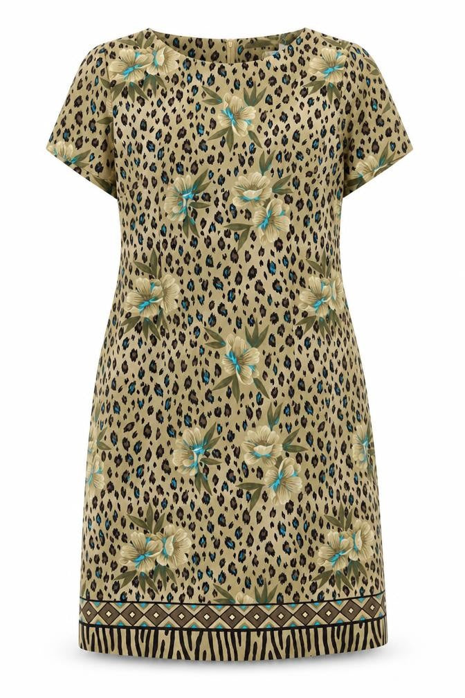 Kathie Leo Womens Gold Geometric Polyester A-Line Size 8 Round Neck Zip - Leopard Flower Pattern