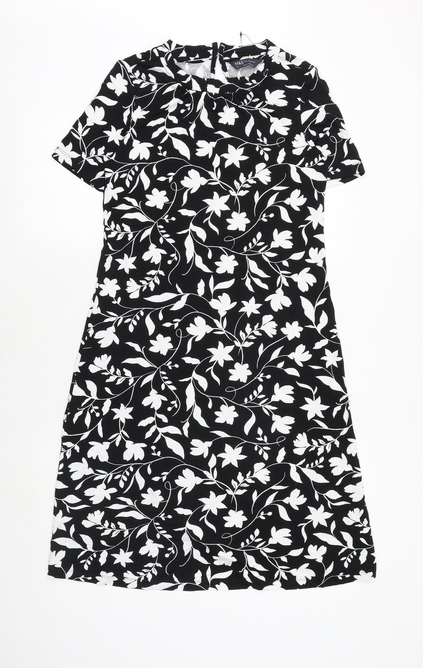 Marks and Spencer Womens Black Floral Viscose A-Line Size 8 Boat Neck Button