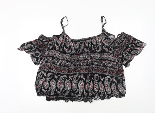 Select Womens Black Geometric Polyester Cropped Blouse Size 16 Off the Shoulder - Cold Shoulder