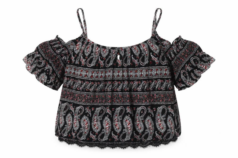 Select Womens Black Geometric Polyester Cropped Blouse Size 16 Off the Shoulder - Cold Shoulder