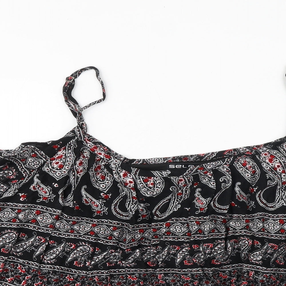 Select Womens Black Geometric Polyester Cropped Blouse Size 16 Off the Shoulder - Cold Shoulder
