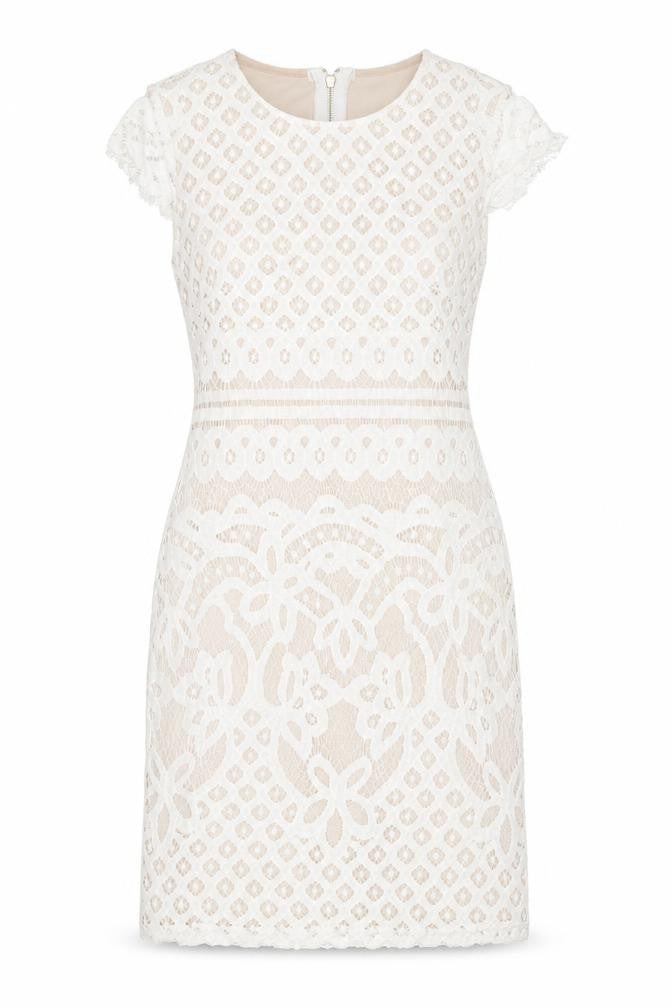 Quiz Womens White Geometric Polyester Shift Size 6 Round Neck Zip