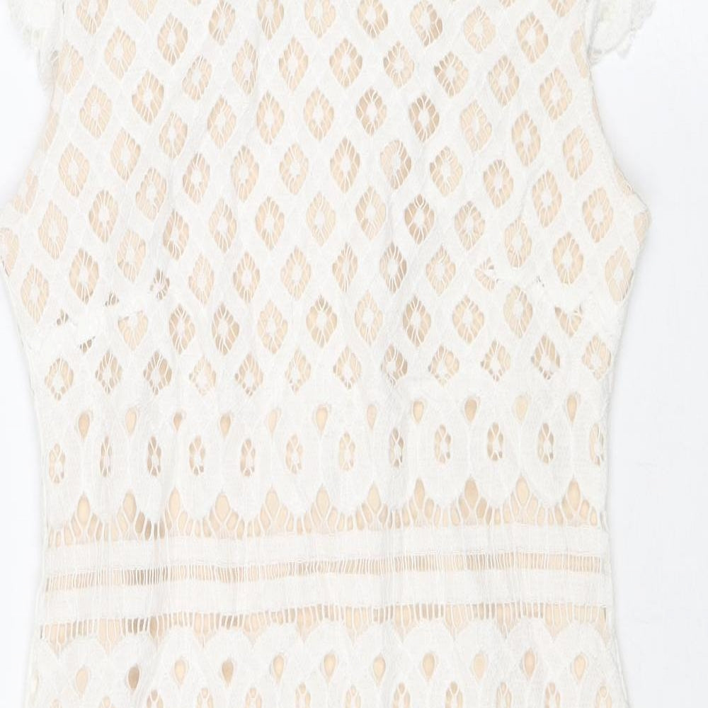 Quiz Womens White Geometric Polyester Shift Size 6 Round Neck Zip