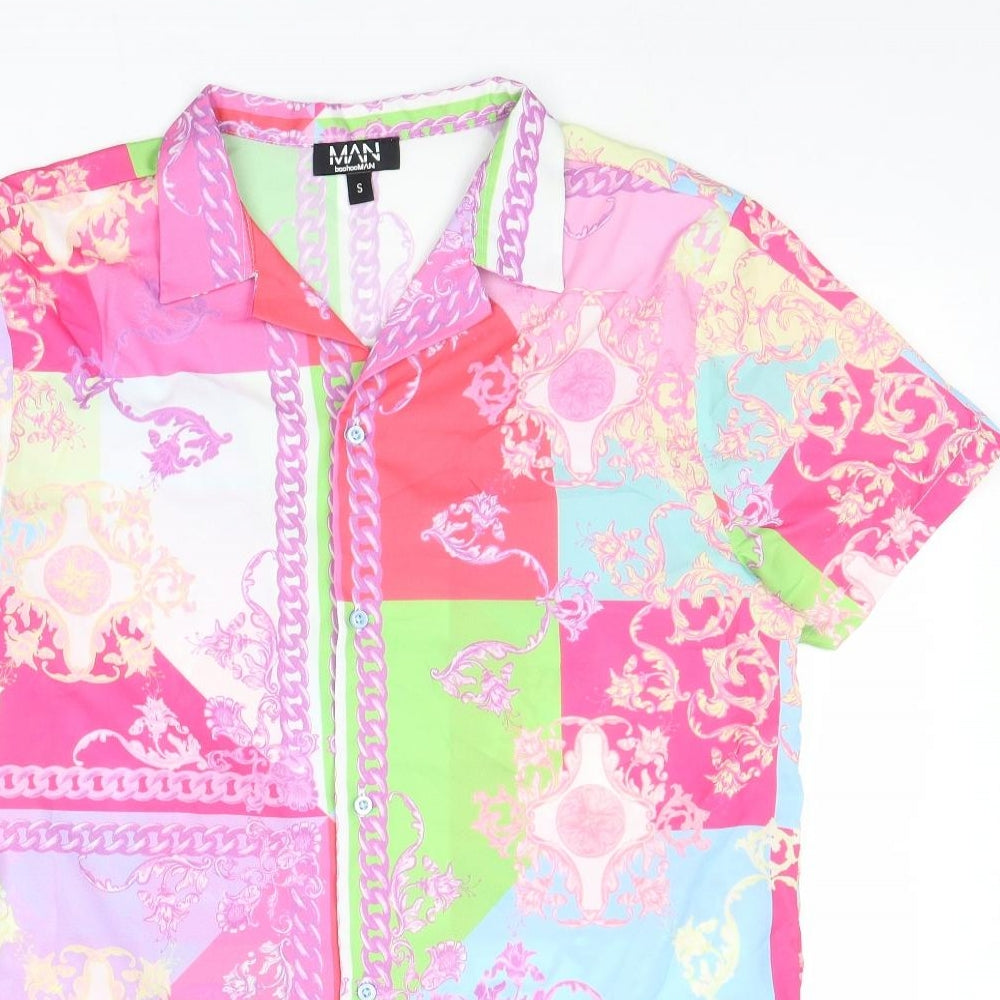 Boohoo Mens Multicoloured Geometric Polyester Button-Up Size S Collared Button