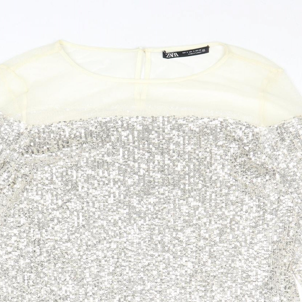 Zara Womens Silver Polyester Basic Blouse Size S Round Neck
