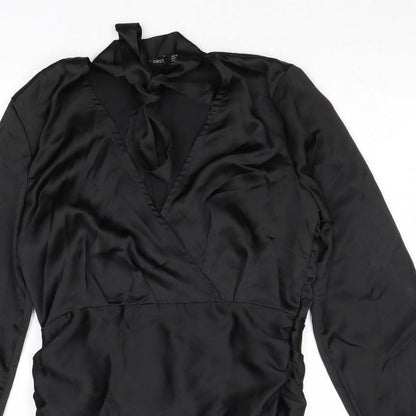 Close-up detail of I SAW IT FIRST women’s black polyester basic blouse, size UK 8, v-neck