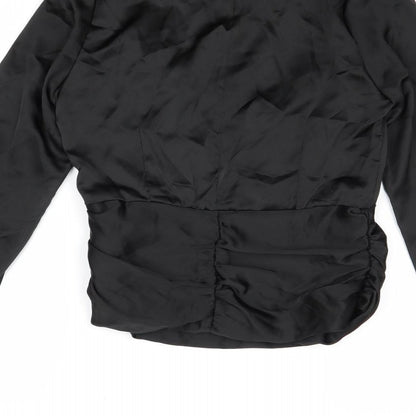 Brand and care label for I SAW IT FIRST women’s black polyester basic blouse, size UK 8, v-neck