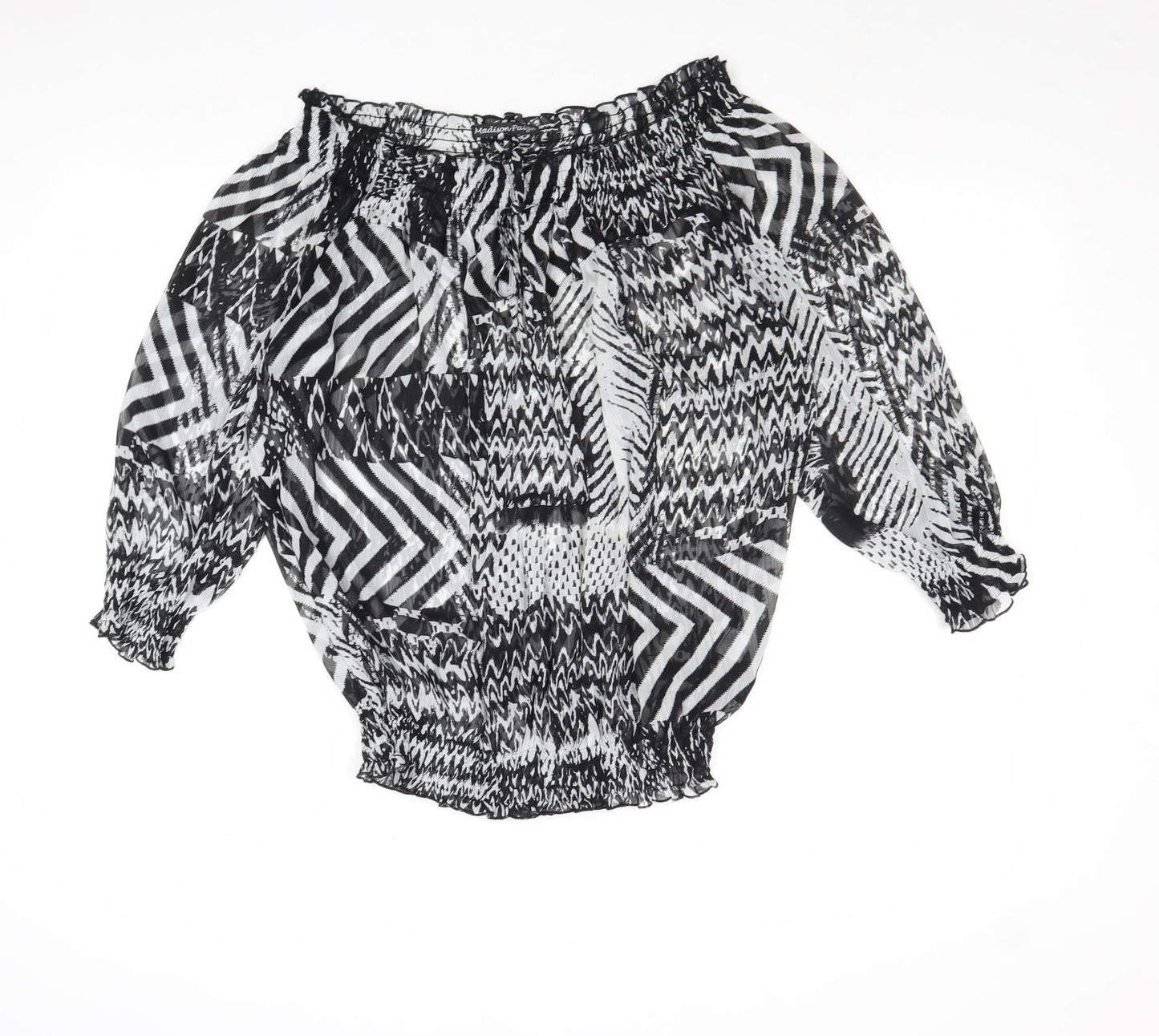 Madison Paige Womens Black Geometric Polyester Basic Blouse Size L Off the Shoulder