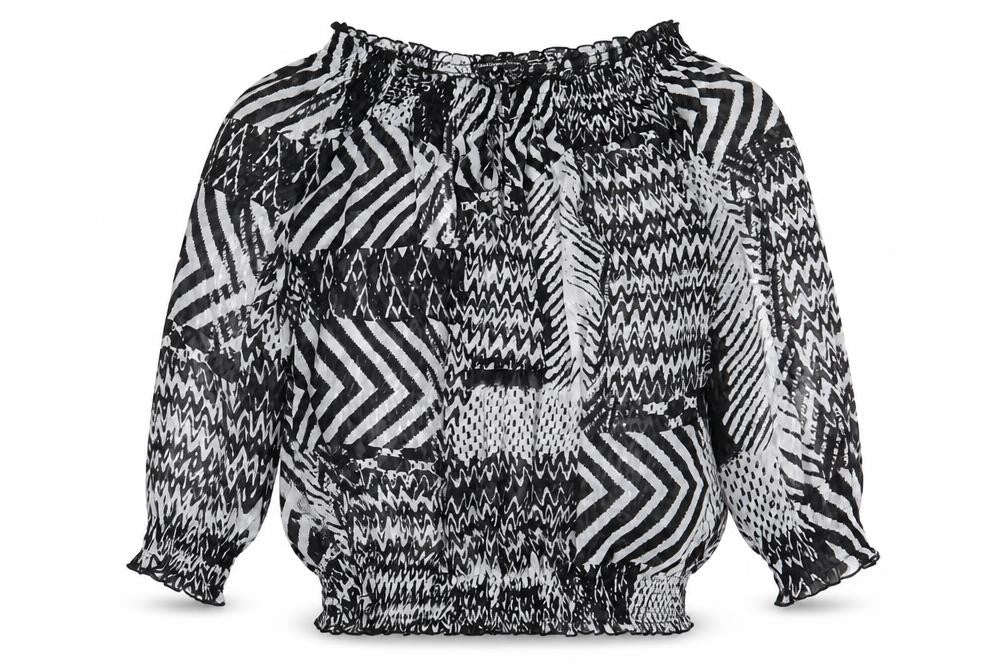 Madison Paige Womens Black Geometric Polyester Basic Blouse Size L Off the Shoulder