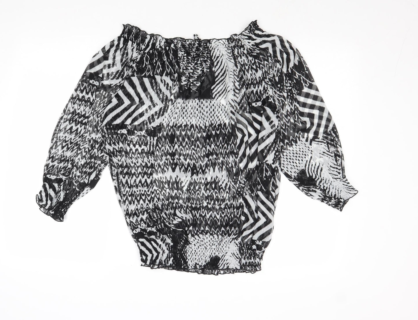 Madison Paige Womens Black Geometric Polyester Basic Blouse Size L Off the Shoulder