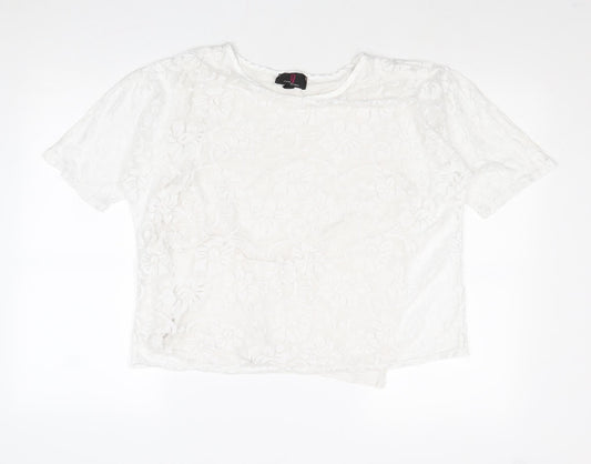 Simon Jefferey Womens White Floral Polyester Basic T-Shirt Size M Round Neck - Size M-L