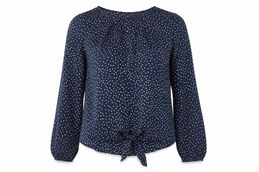 Mauvette Womens Blue Polka Dot Polyester Basic Blouse Size 8 Round Neck