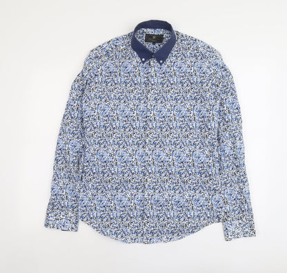 Marks & Spencer Mens Blue Geometric Cotton Button-Up Size S Collared Button