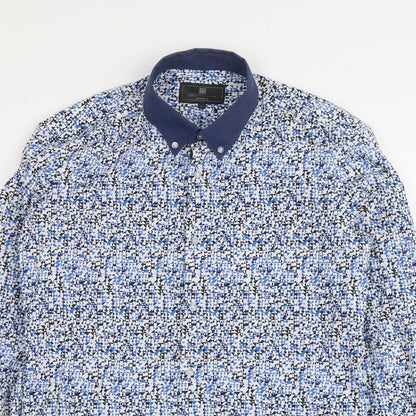 Marks & Spencer Mens Blue Geometric Cotton Button-Up Size S Collared Button