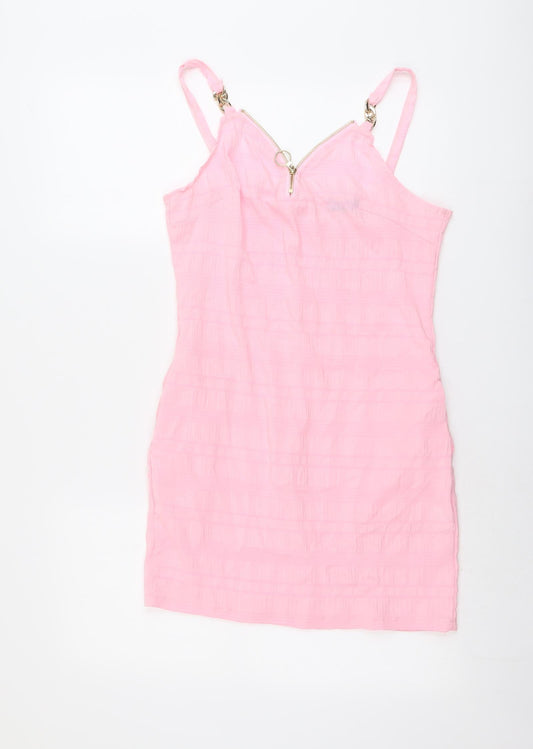 Chicme Womens Pink Polyester Slip Dress Size M V-Neck Zip