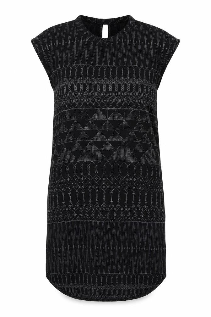 H&M Womens Black Geometric Viscose Shift Size 8 Round Neck Button