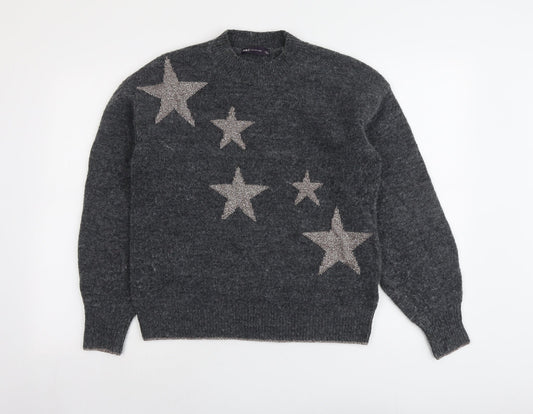 Marks and Spencer Womens Grey Round Neck Geometric Polyester Pullover Jumper Size S - Star Pattern