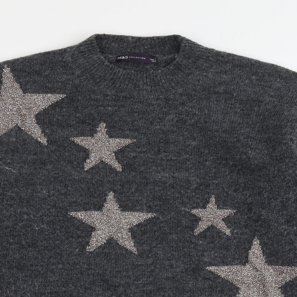Marks and Spencer Womens Grey Round Neck Geometric Polyester Pullover Jumper Size S - Star Pattern