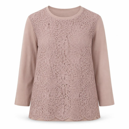 Damart Womens Pink Round Neck Floral Cotton Pullover Jumper Size 14 - Lace Overlay