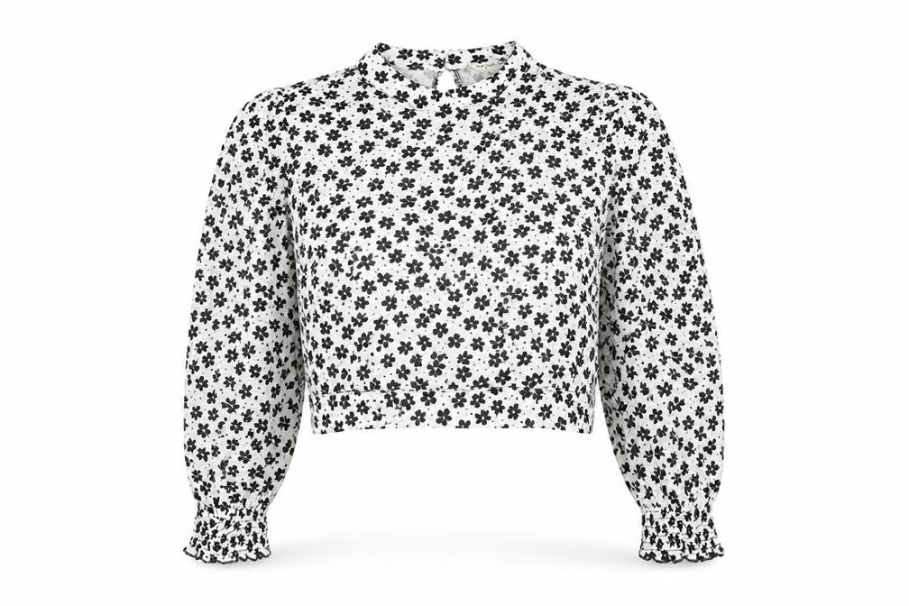 Miss Selfridge Womens White Floral Viscose Cropped Blouse Size 16 Round Neck