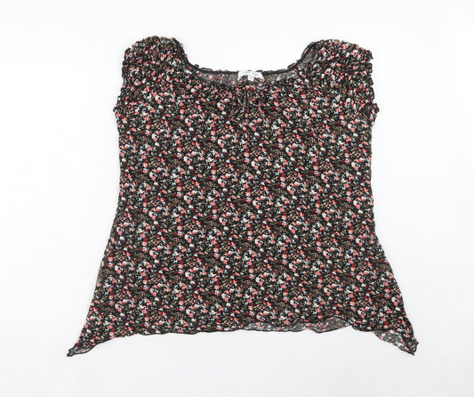 Carl Ann Womens Black Floral Viscose Basic T-Shirt Size 18 Round Neck