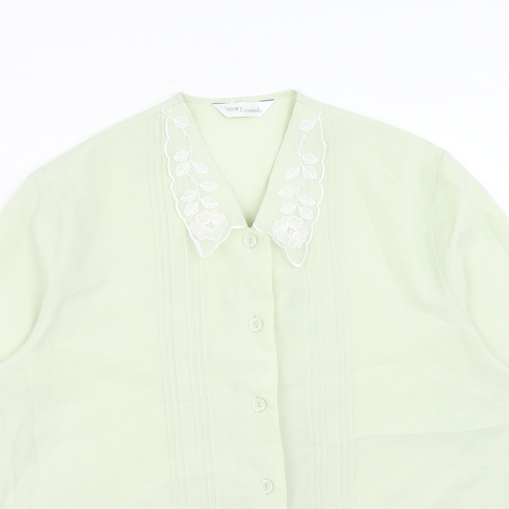 Basic Essentials Womens Green Floral Polyester Basic Button-Up Size 14 Collared