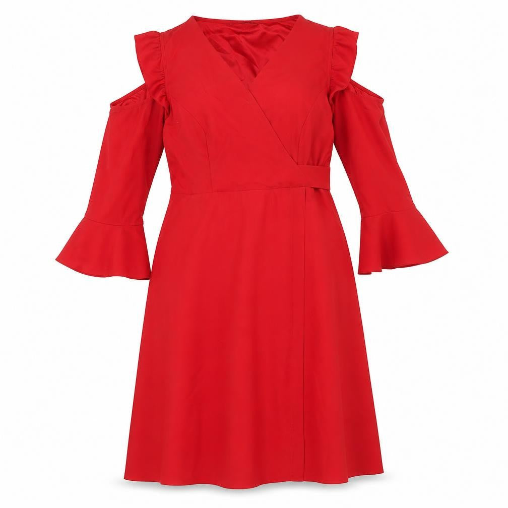 Simply Be Womens Red Polyester A-Line Size 14 V-Neck Pullover - Ruffle Cold Shoulder