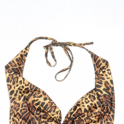 Close-up detail of Missguided women’s brown animal print polyester basic tank, size UK 8, v-neck - leopard pattern