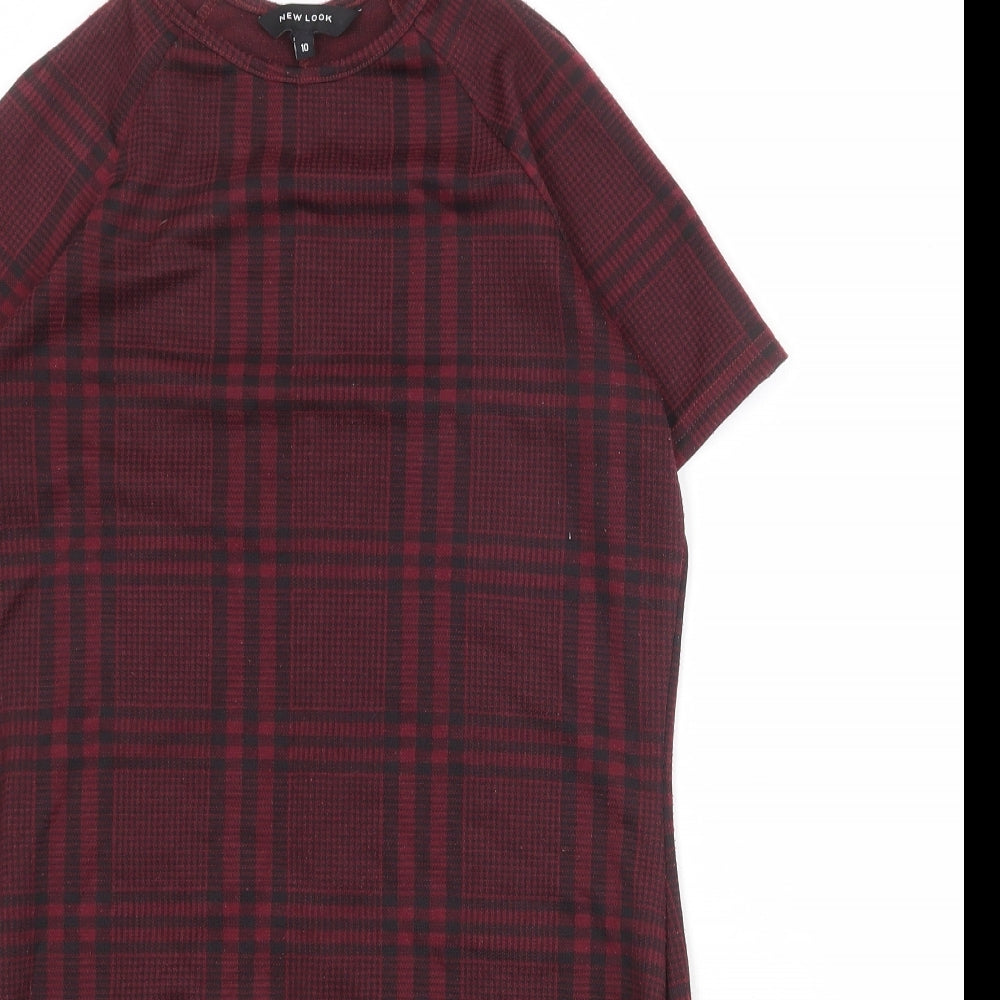New Look Womens Red Plaid Polyester Shift Size 10 Round Neck Pullover