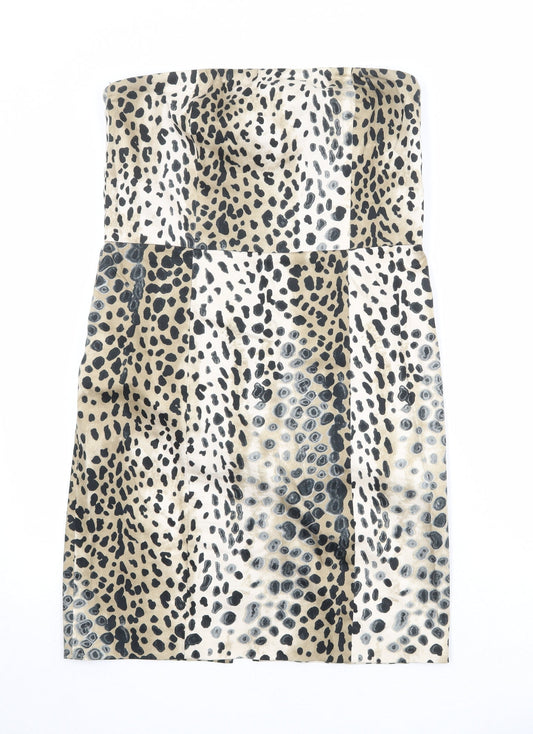 Zara Womens Beige Animal Print Cotton Mini Size L Square Neck Zip - Leopard Print