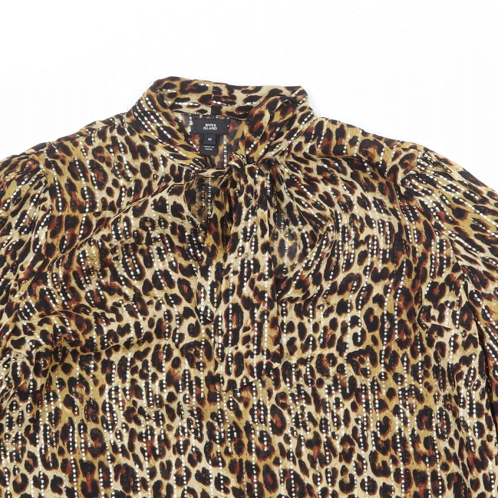 River Island Womens Brown Animal Print Viscose Basic Blouse Size 10 Round Neck - Leopard Pattern