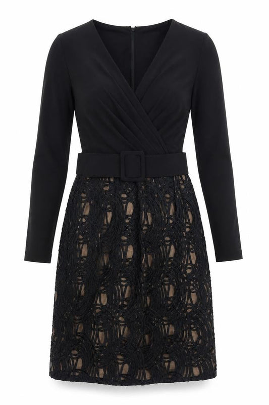 Adrianna Papell Womens Black Geometric Polyester A-Line Size 8 V-Neck Zip