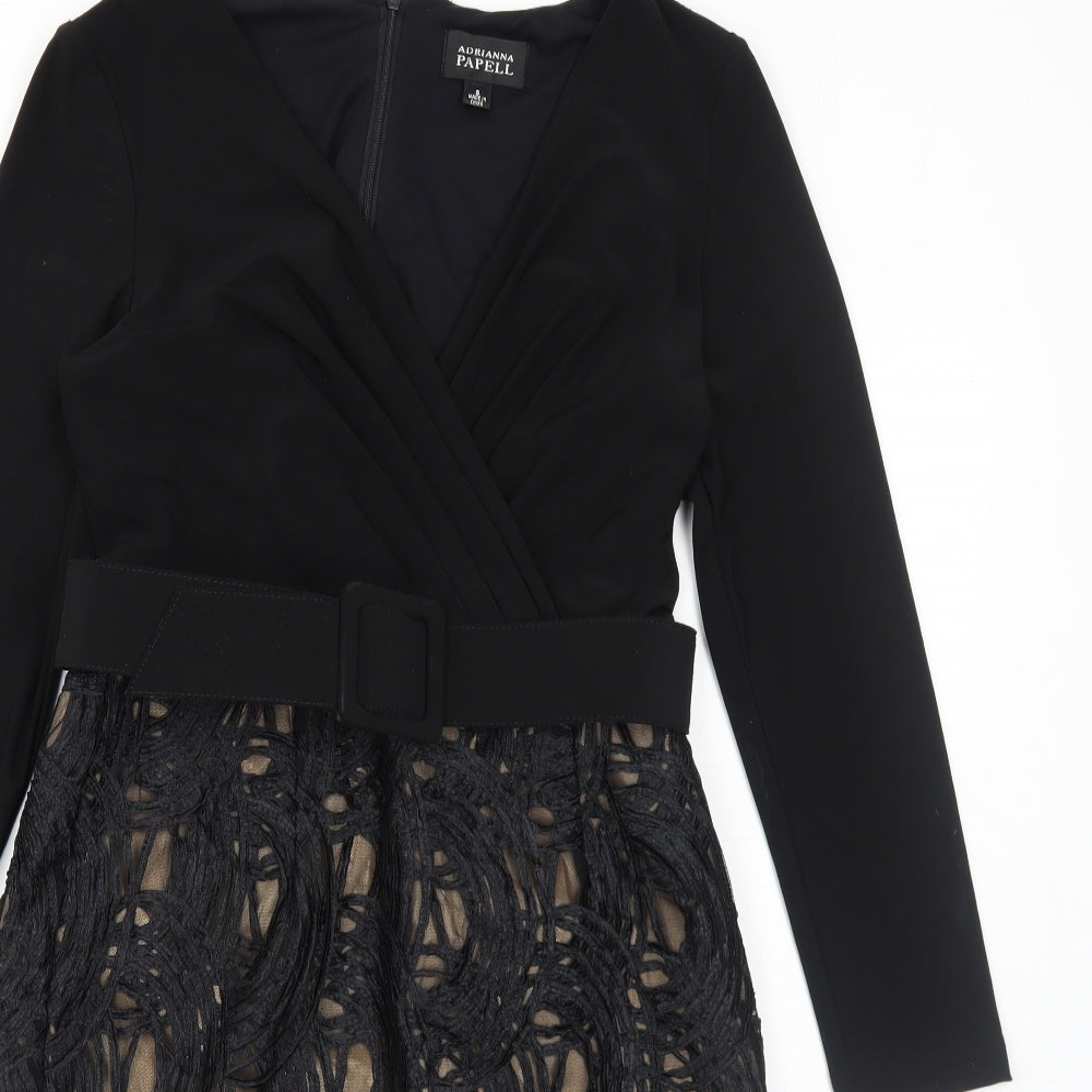 Adrianna Papell Womens Black Geometric Polyester A-Line Size 8 V-Neck Zip